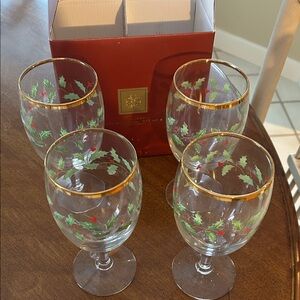 Lenox Holiday Holly Iced Beverage Glasses with Gold Rim